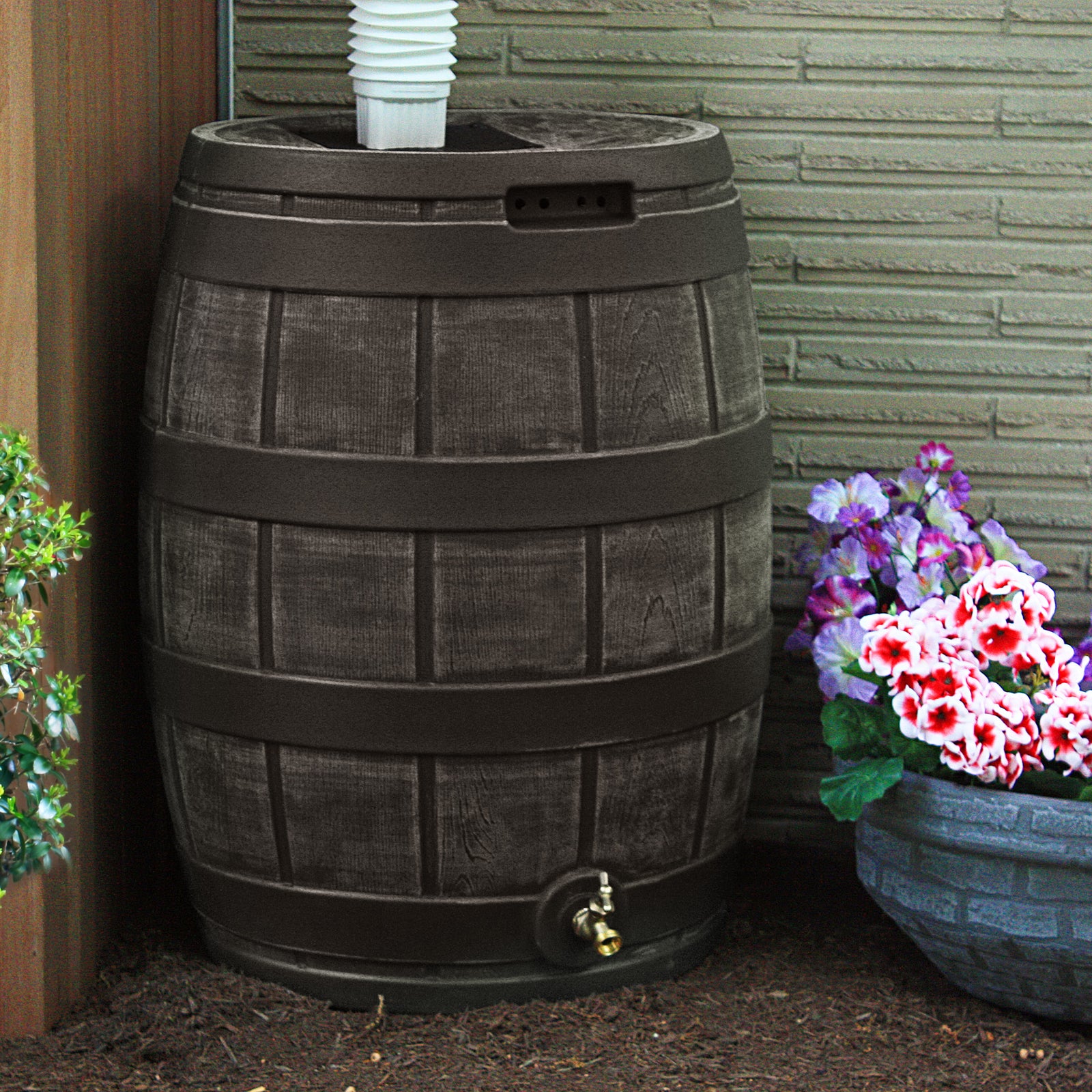 Good Ideas Rain Vault 50 Gallon Rain Barrel with Spigot, Handles and Screen, Oak - VMInnovations