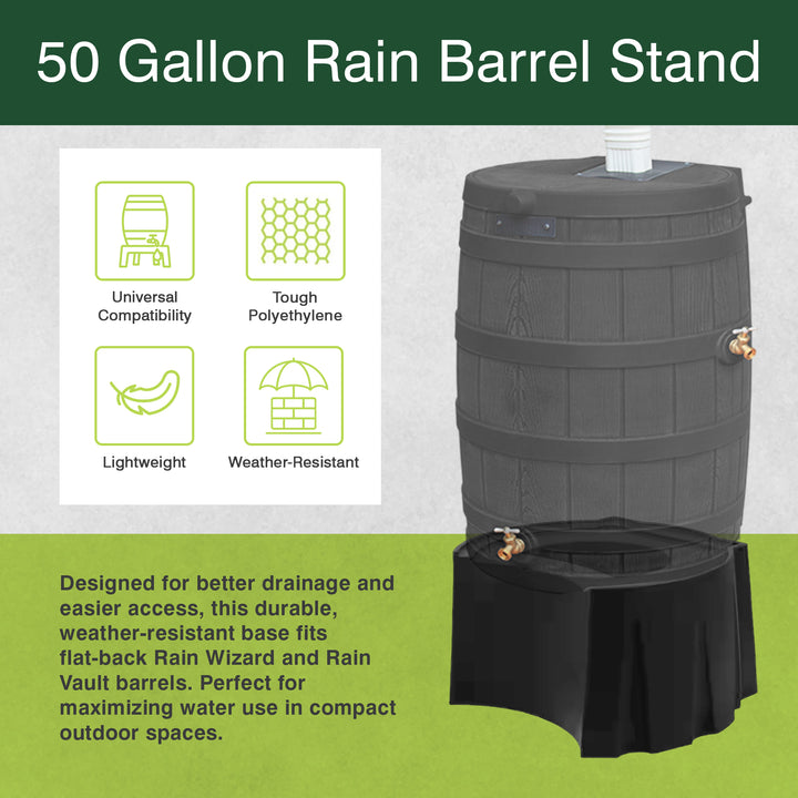 Good Ideas Rain Wizard 50 Gallon Rain Barrel Stand, Adds Room for Buckets, Black