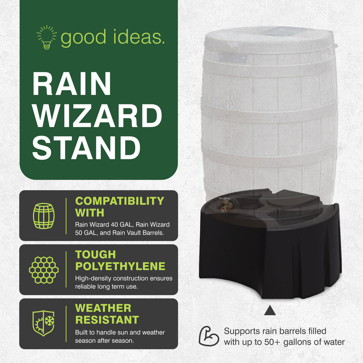Good Ideas Rain Wizard 50 Gallon Rain Barrel Stand, Adds Room for Buckets, Black