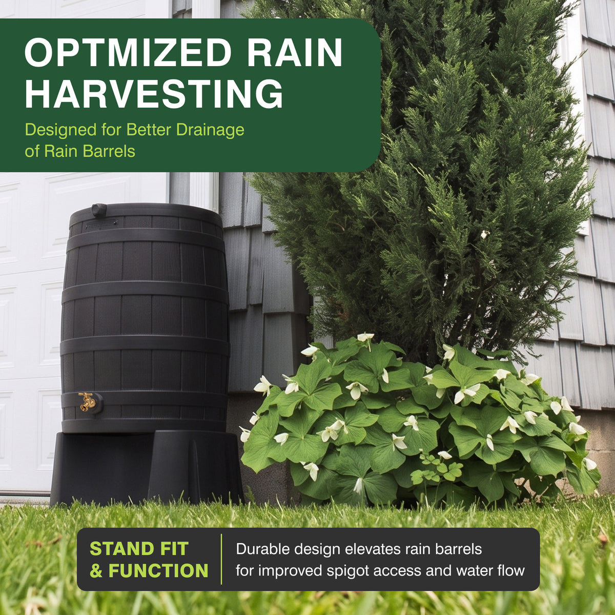 Good Ideas Rain Wizard 50 Gallon Rain Barrel Stand, Adds Room for Buckets, Black