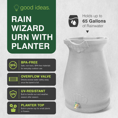 Good Ideas Rain Wizard Plastic Resin Urn, 65 Gallon Rain Barrel, Light Granite