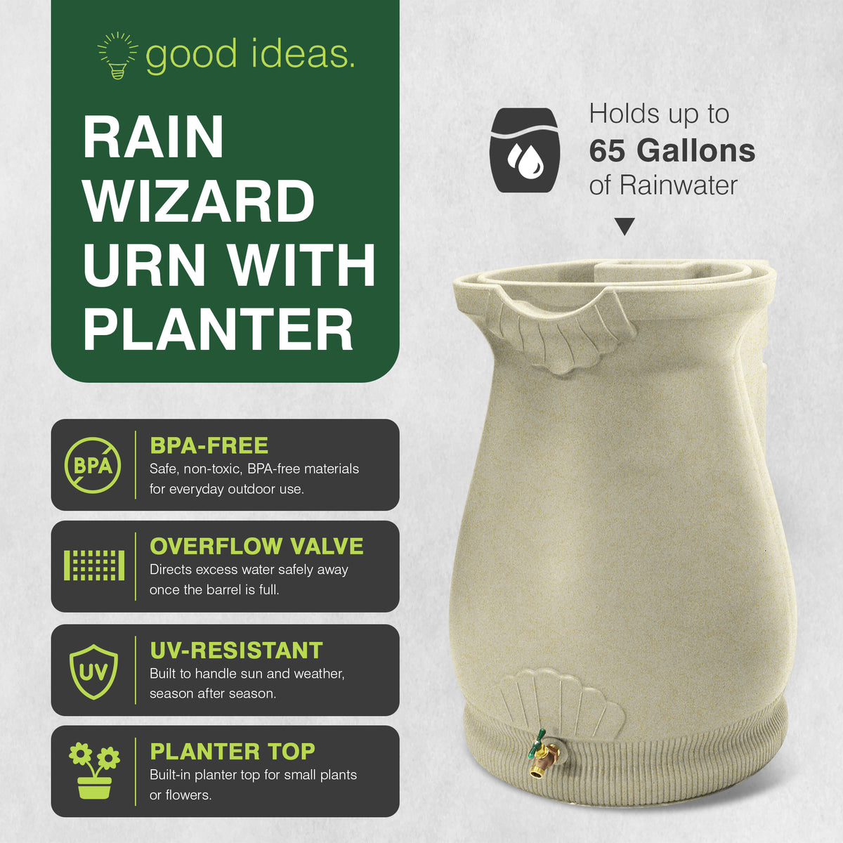 Good Ideas Rain Wizard Self-Draining Resin Urn, 65 Gallon Rain Barrel, Sandstone