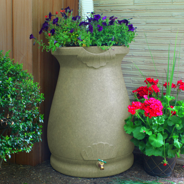 Good Ideas Rain Wizard Self-Draining Resin Urn, 65 Gallon Rain Barrel, Sandstone