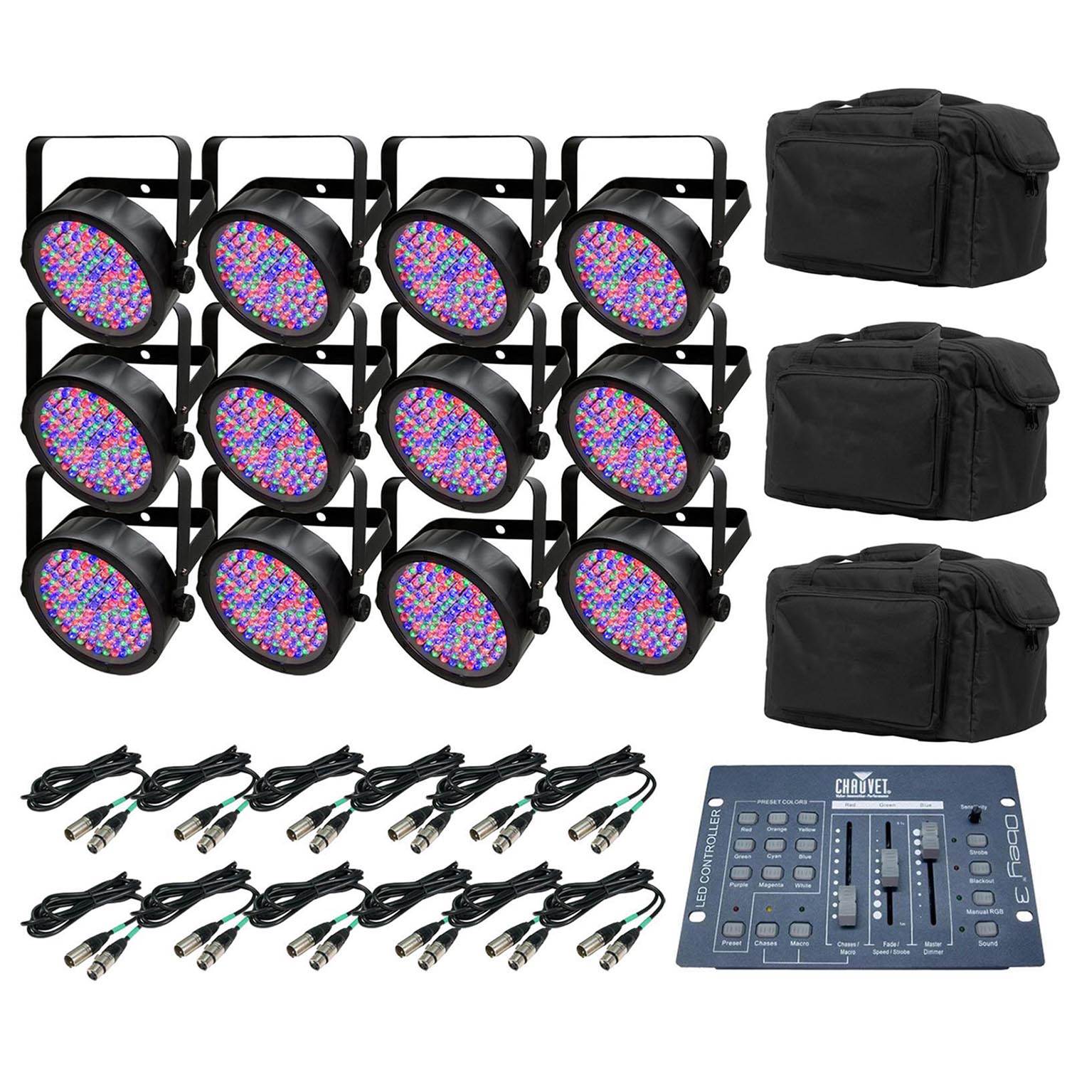 Chauvet SlimPar 56 LED Par Can Lights (12) + Obey 3 DMX Controller + Travel Bags