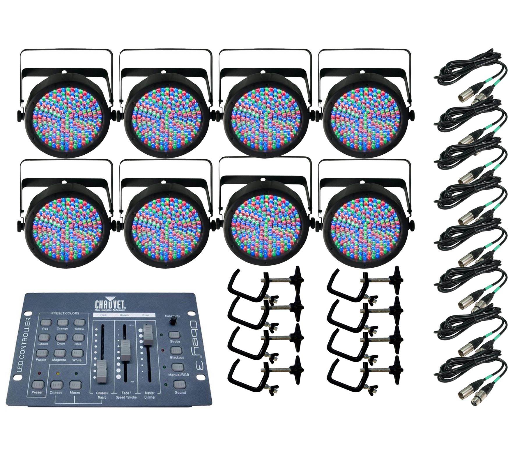 8 Chauvet SlimPar 64 LED Par Can Lights + Obey 3 Controller + 10' & 25' Cables