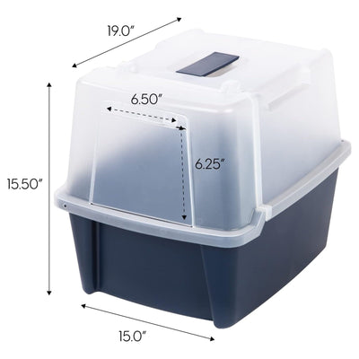 IRIS USA Covered Cat Litter Box, Enclosed Hood Split Top Entry Flap, Scoop, Navy