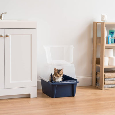 IRIS USA Covered Cat Litter Box, Enclosed Hood Split Top Entry Flap, Scoop, Navy