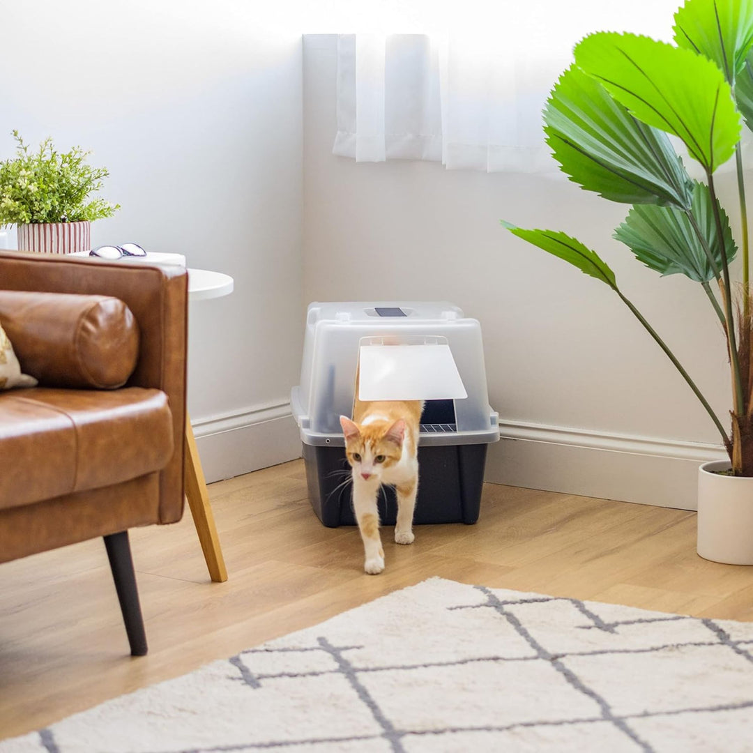 IRIS USA Covered Cat Litter Box, Enclosed Hood Split Top Entry Flap, Scoop, Navy - VMInnovations