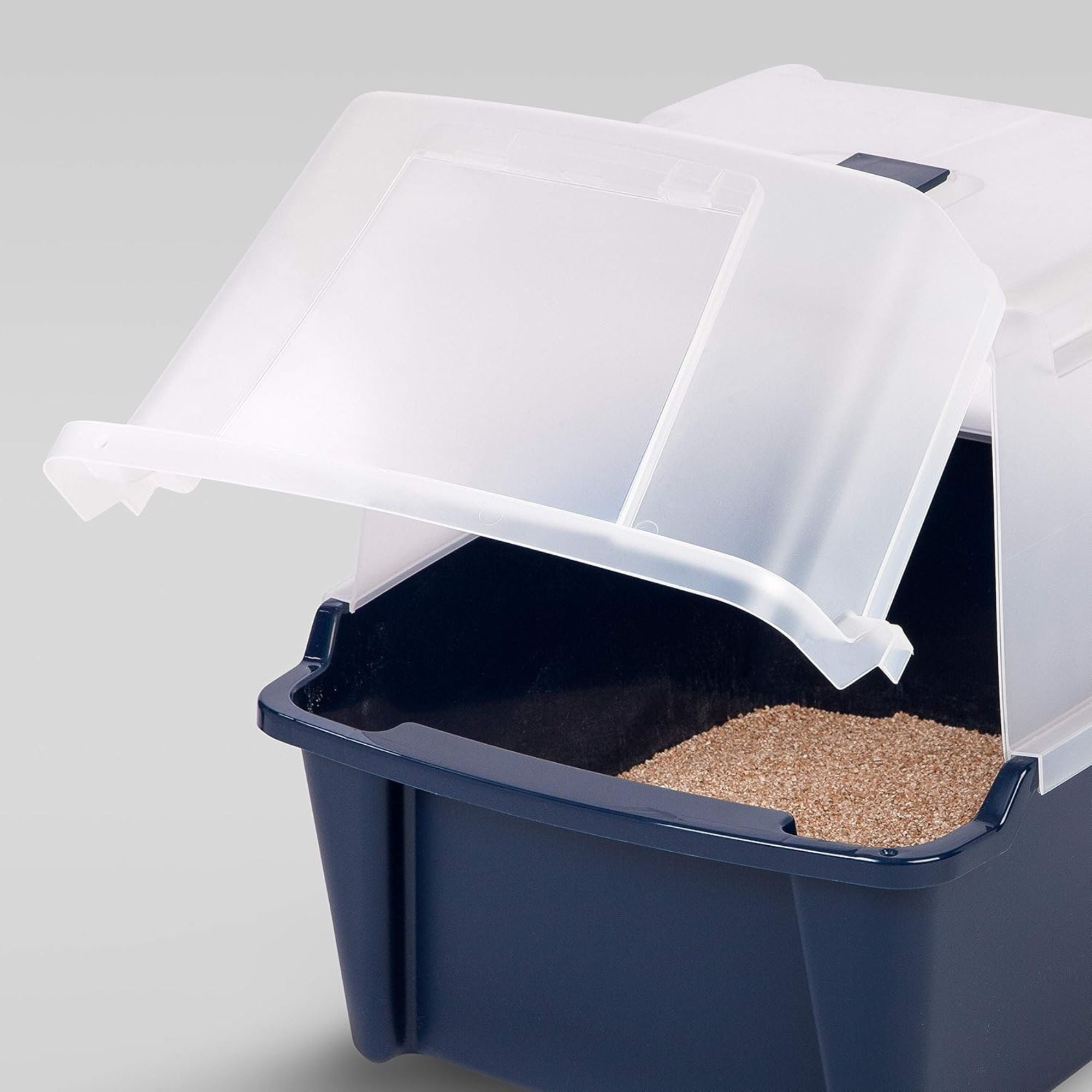 IRIS USA Covered Cat Litter Box, Enclosed Hood Split Top Entry Flap, Scoop, Navy