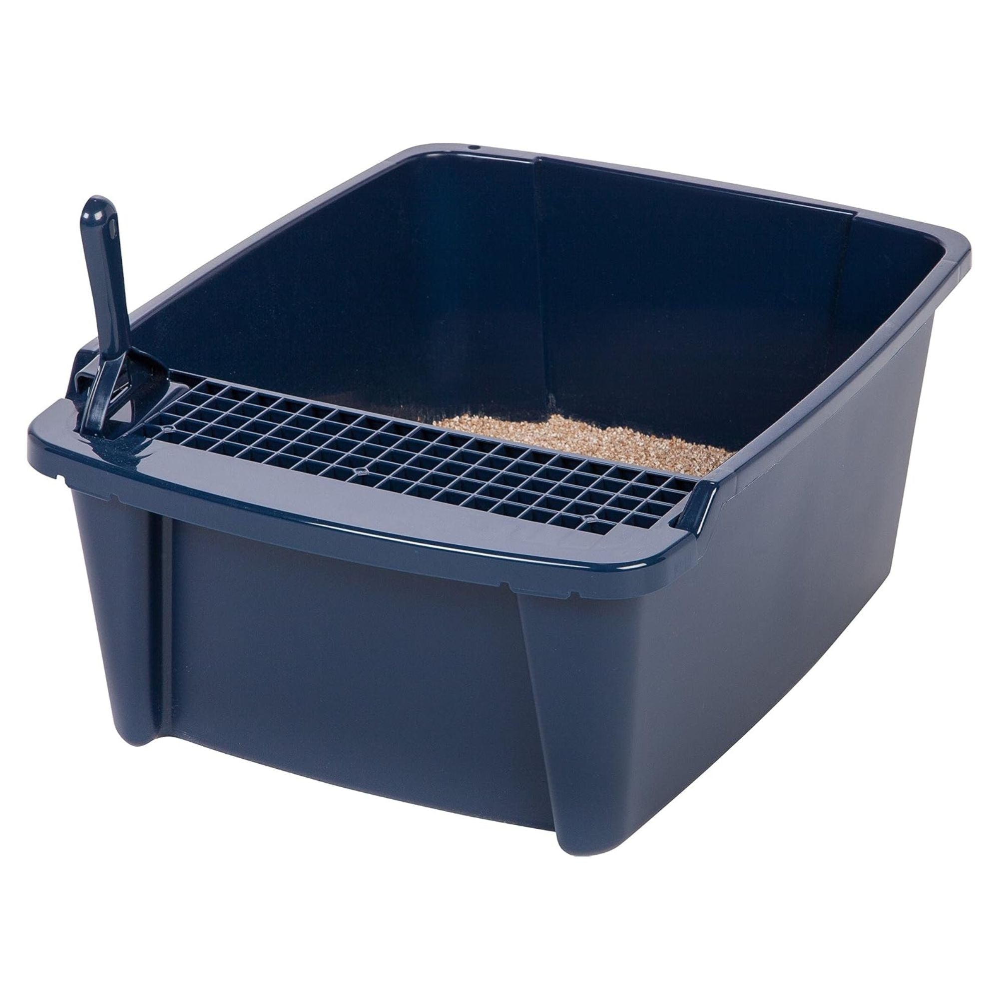 IRIS USA Covered Cat Litter Box, Enclosed Hood Split Top Entry Flap, Scoop, Navy