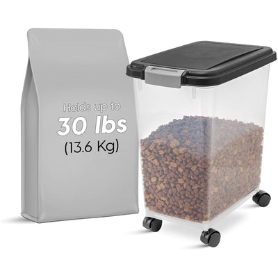 IRIS USA Airtight Pet Food Storage Bin with Snap Lock Lid & Wheels, Black (Used)