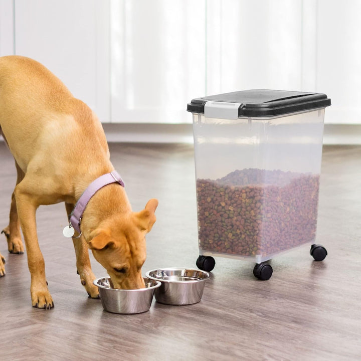 IRIS USA Airtight Pet Food Storage Bin w/ Lock Lid,Wheels & Scoop Black(Open Box)