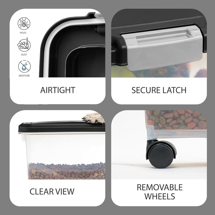 IRIS USA Airtight Pet Food Storage Bin with Snap Lock Lid & Wheels, Black (Used)