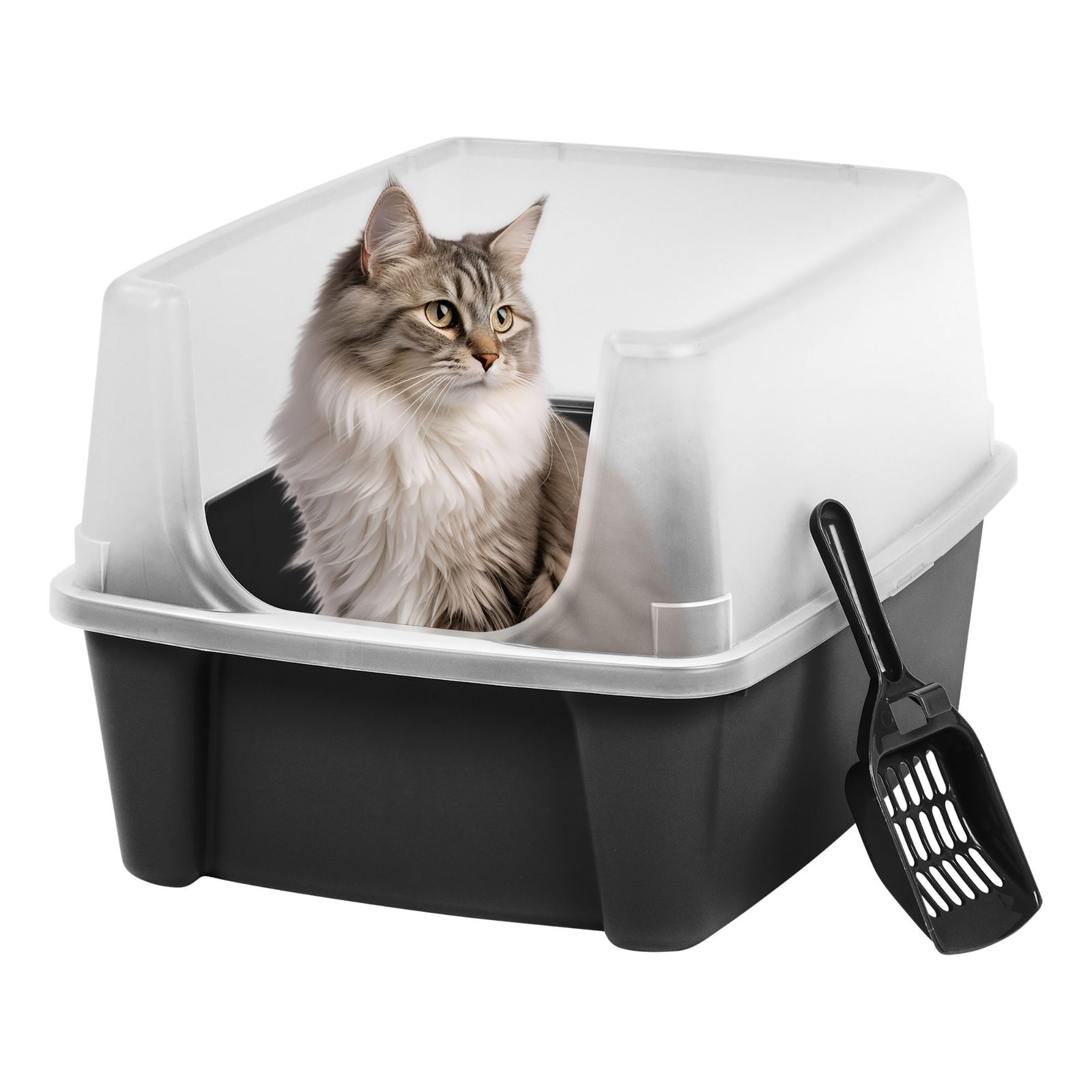 IRIS USA Large High Sided Cat Litter Box, Open Top, Scatter Shield, Scoop Black - VMInnovations
