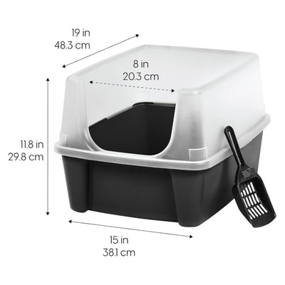 IRIS USA Large High Sided Cat Litter Box, Open Top, Scatter Shield, Scoop Black