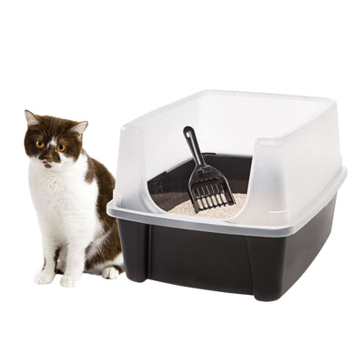 IRIS USA Large High Sided Cat Litter Box, Open Top, Scatter Shield, Scoop Black