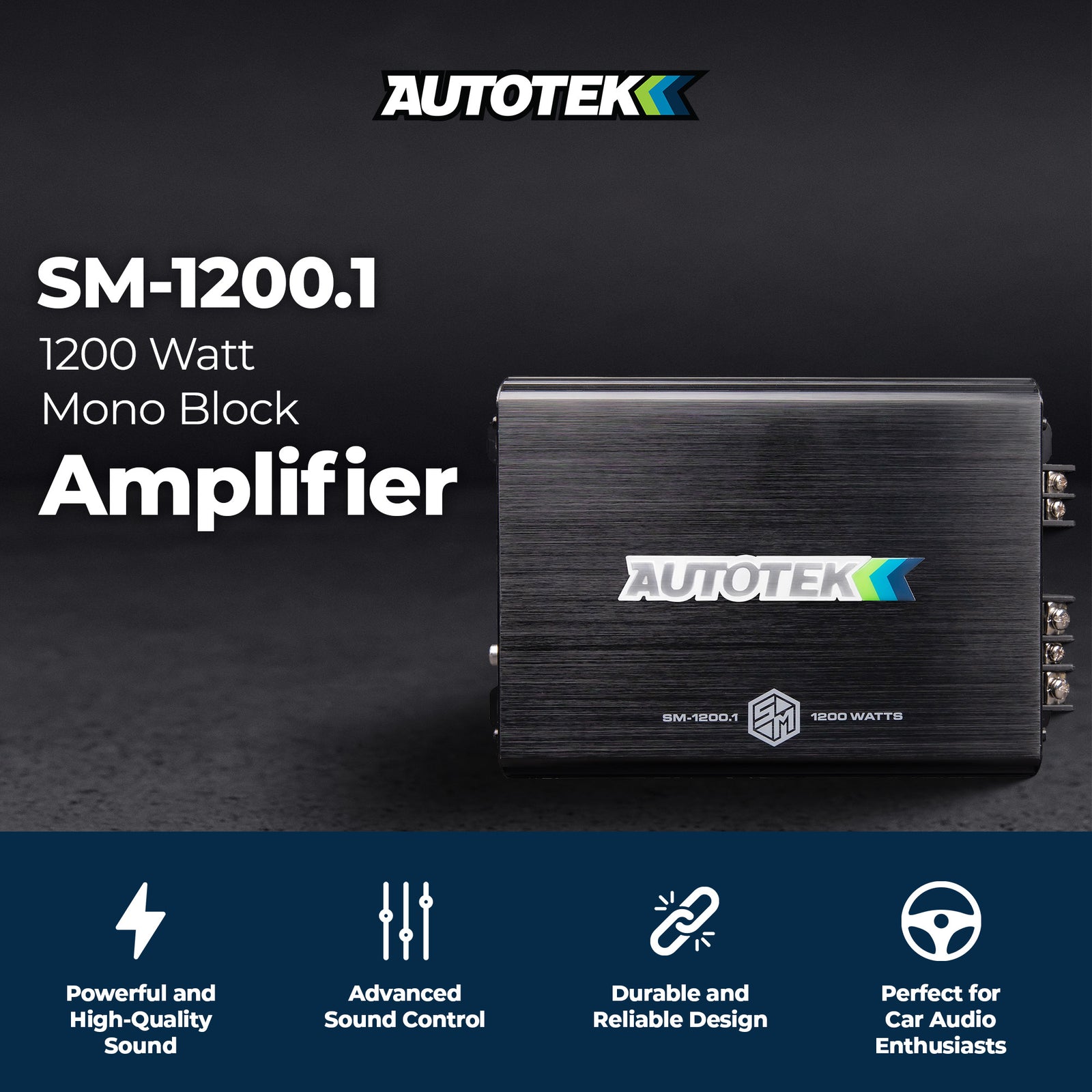 Autotek 1200 Watt 1 Channel Car Audio Amplifier, Street Machine SM-1200.1, Black - VMInnovations