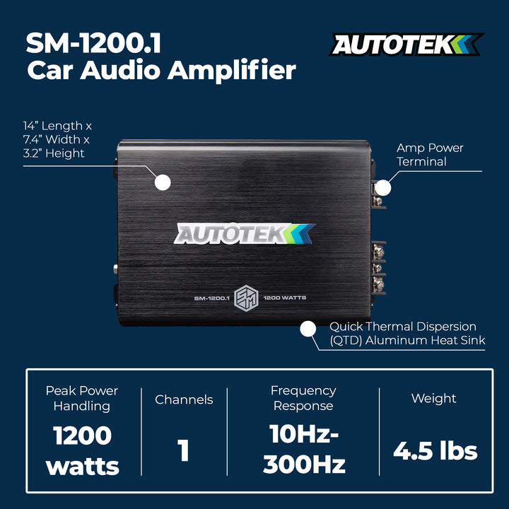 Autotek 1200 Watt 1 Channel Car Audio Amplifier, Street Machine SM-1200.1, Black