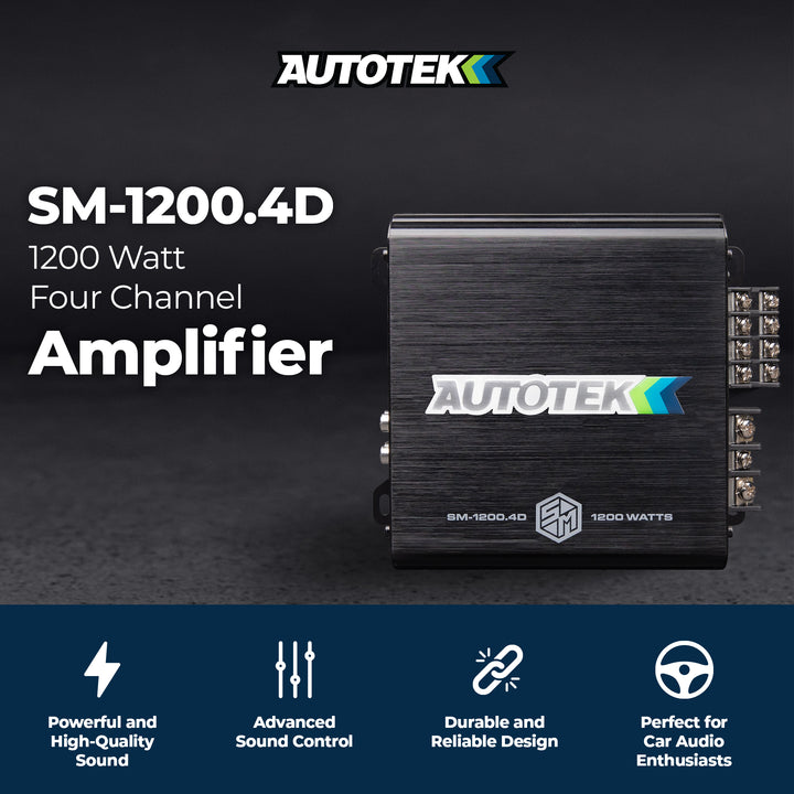 Autotek 1200W 4 Channel Car Audio Amplifier Bass Knob, Street Machine SM-1200.4D