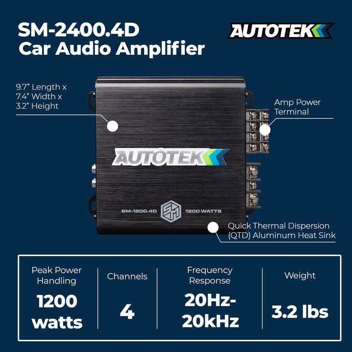 Autotek 1200W 4 Channel Car Audio Amplifier Bass Knob, Street Machine SM-1200.4D