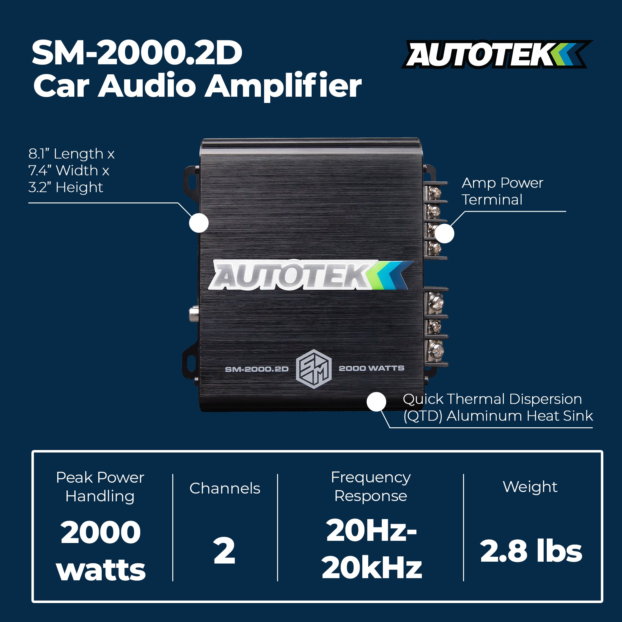 Autotek 2000W 2 Channel Car Audio Amplifier Bass Knob, Street Machine SM-2000.2D - VMInnovations