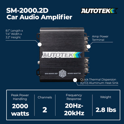 Autotek 2000W 2 Channel Car Audio Amplifier Bass Knob, Street Machine SM-2000.2D - VMInnovations