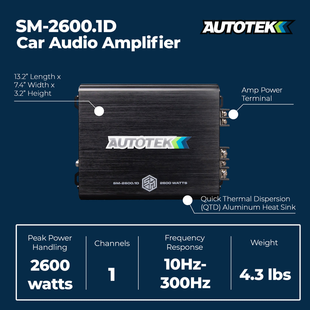 Autotek Street Machine 2600W 2 Channel Car Audio Amplifier, Bass Knob, Equalizer
