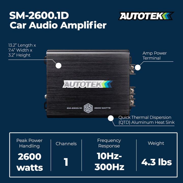 Autotek Street Machine 2600W 2 Channel Car Audio Amplifier, Bass Knob, Equalizer