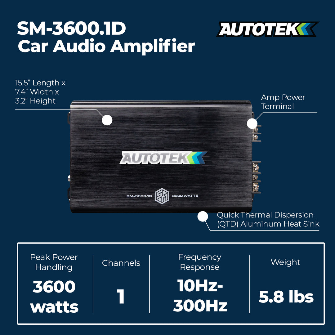 Autotek Street Machine 3600W 2 Channel Car Audio Amplifier, Bass Knob, Equalizer