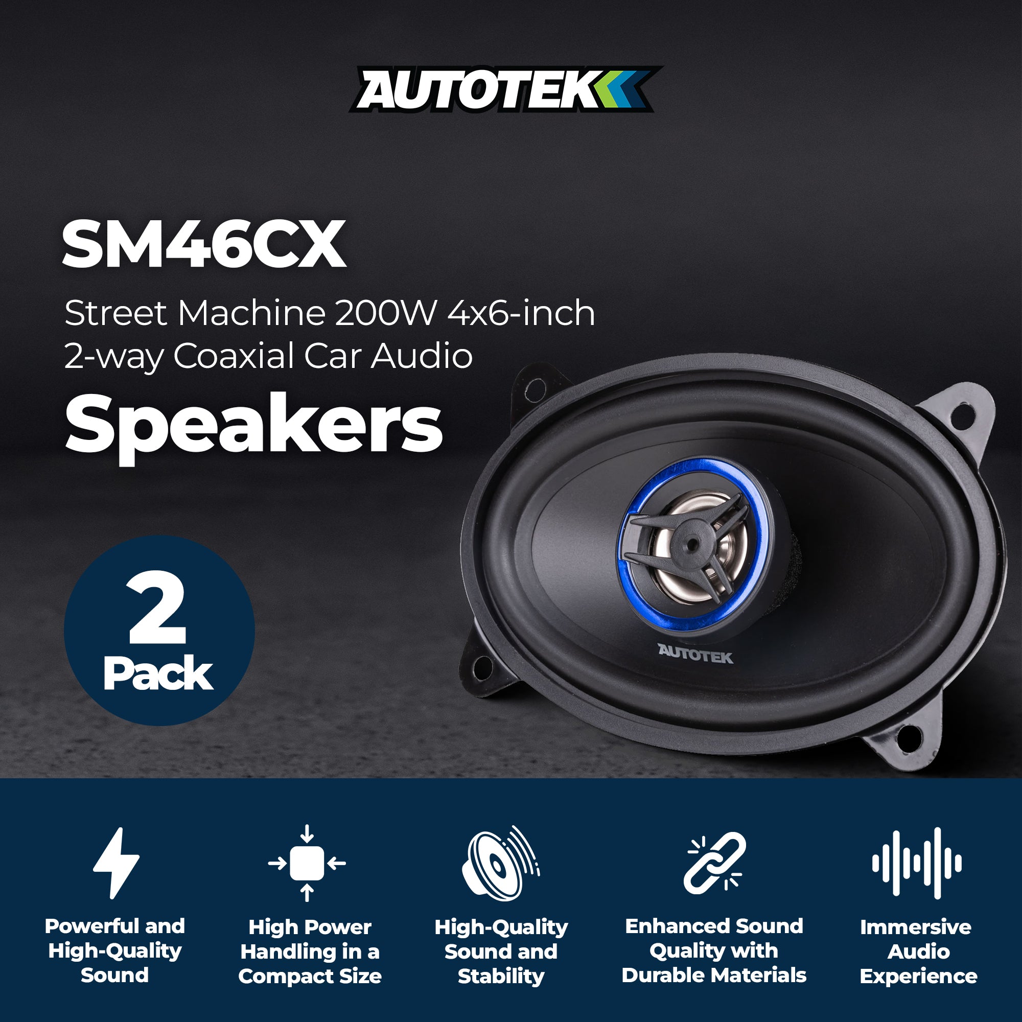 Autotek Street Machine 200W 4x6 Inch 2-Way Car Audio Coaxial Speakers, 2 Pack