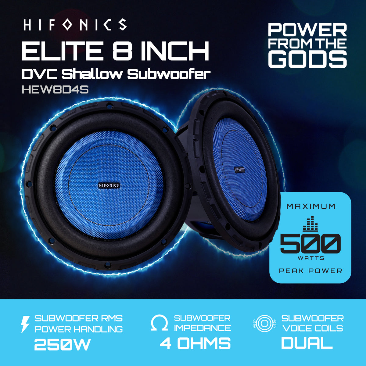 Hifonics 4 Pack ELITE 8” Shallow Subwoofer, Dual Voice Coil Audio Speaker, 500W
