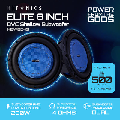 Hifonics 4 Pack ELITE 8” Shallow Subwoofer, Dual Voice Coil Audio Speaker, 500W