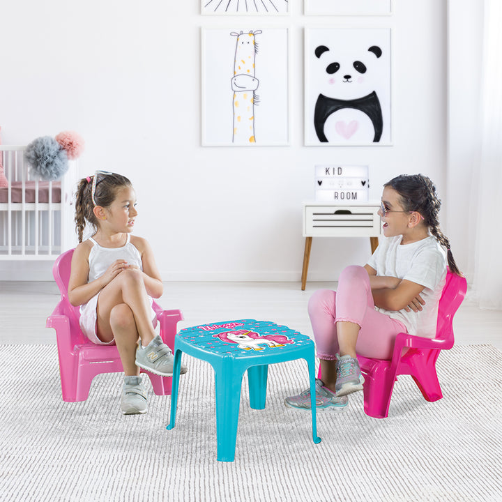 DOLU Unicorn Themed Table and Chairs Set, Plastic Play Desk Furniture for Kids
