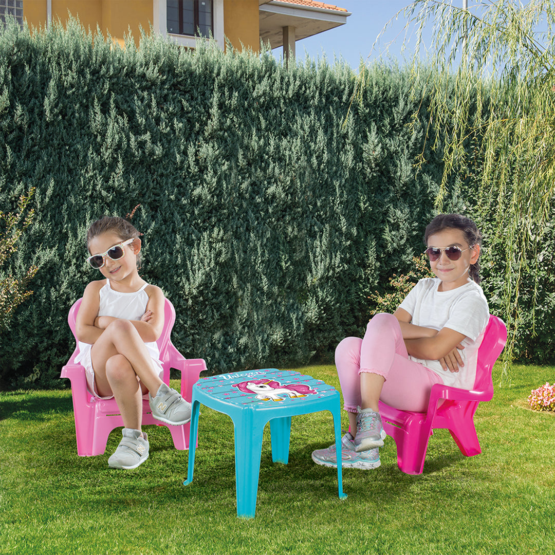 DOLU Unicorn Themed Table and Chairs Set, Plastic Play Desk Furniture for Kids