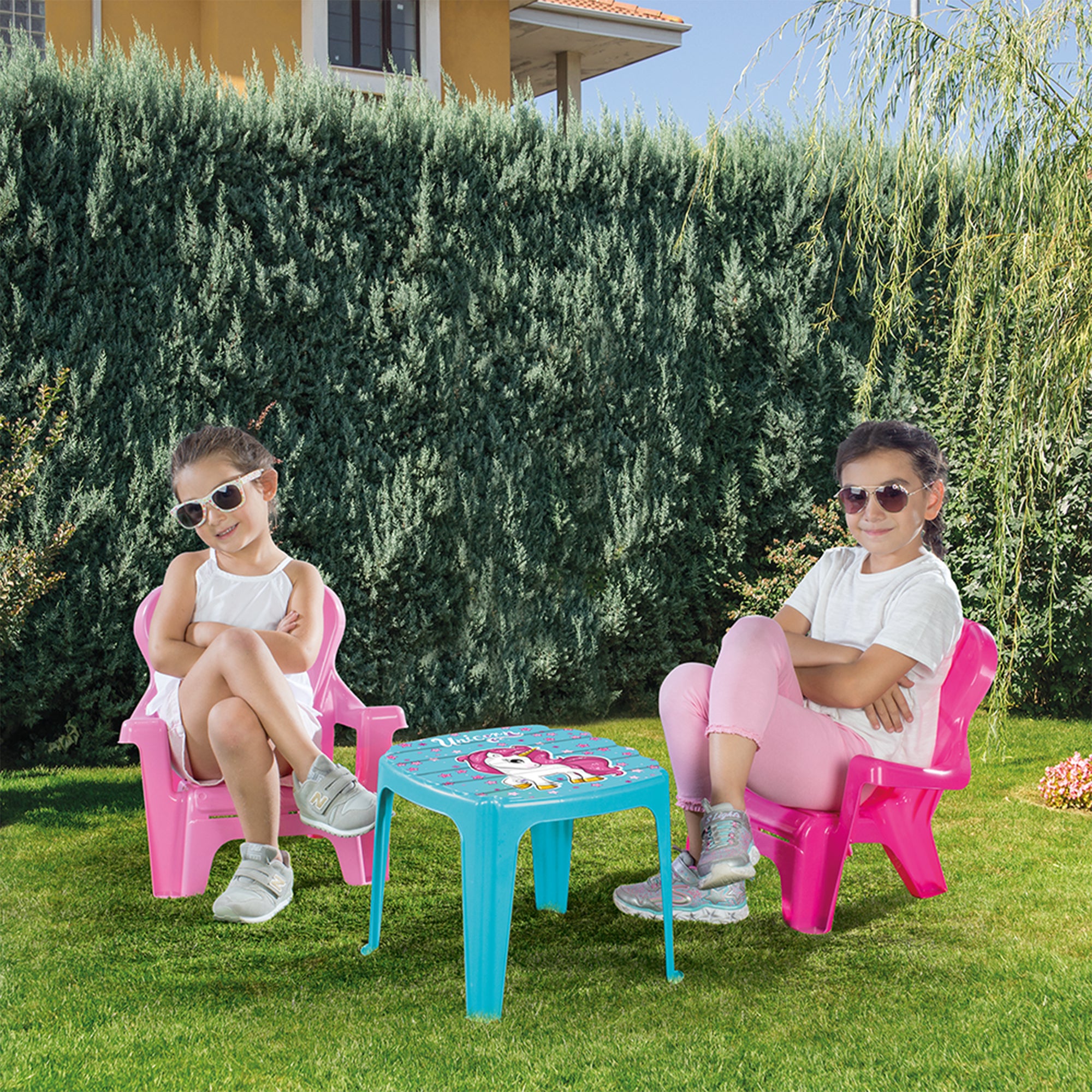 DOLU Unicorn Themed Table and Chairs Set, Plastic Play Desk Furniture(Open Box)