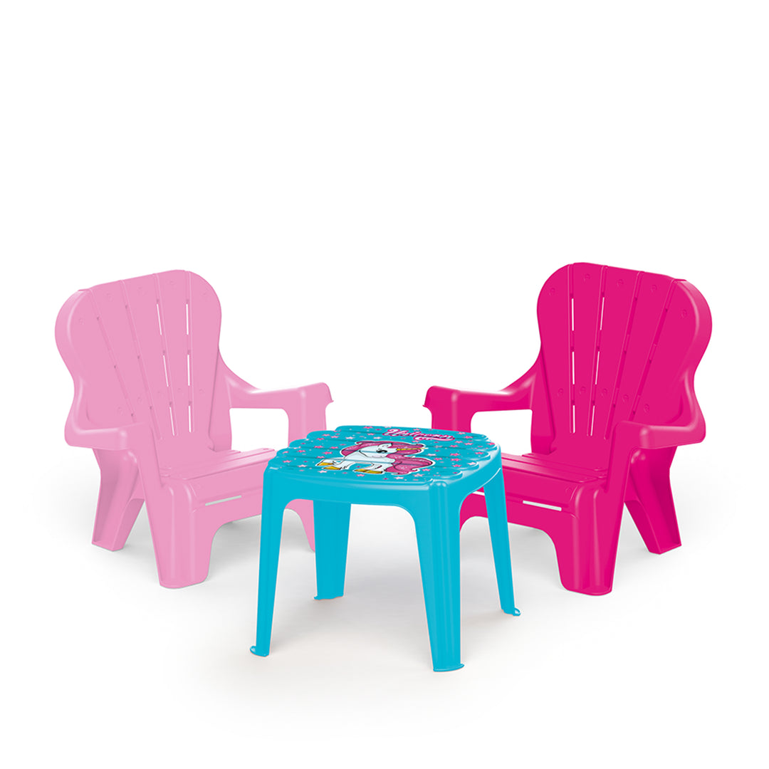 DOLU Unicorn Themed Table and Chairs Set, Plastic Play Desk Furniture for Kids