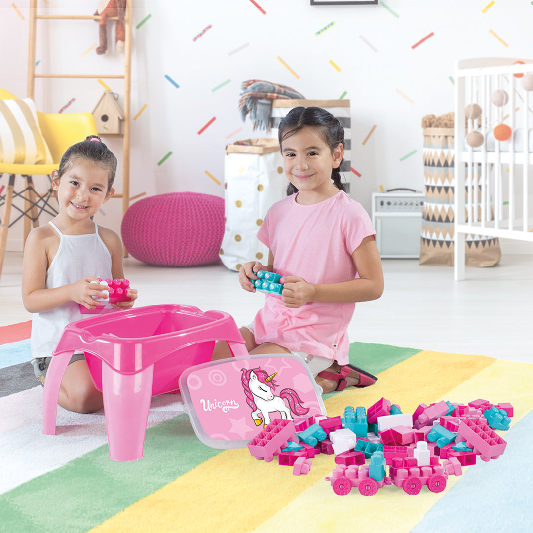DOLU Unicorn Themed Activity Table with 30 Pcs Jumbo Building Blocks for Kids