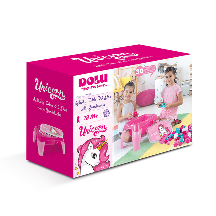 DOLU Unicorn Themed Activity Table with 30 Pcs Jumbo Building Blocks for Kids
