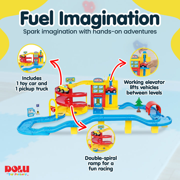 DOLU Large Parking Lot Garage Playset for Kids, Car Toy with Ramp and Elevator