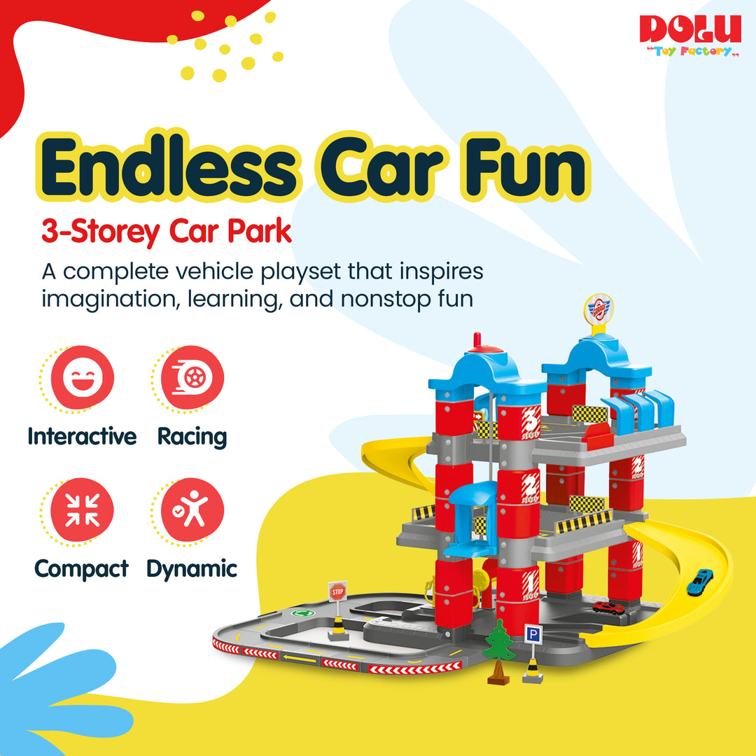 DOLU Full 3-Storey Car Park, Multi-level Toy Garage Playset for Toddlers Ages 3+