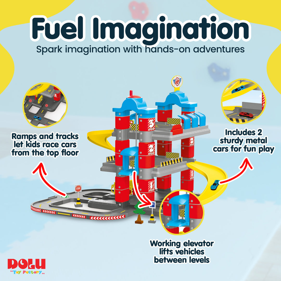 DOLU Full 3-Storey Car Park, Multi-level Toy Garage Playset for Toddlers Ages 3+