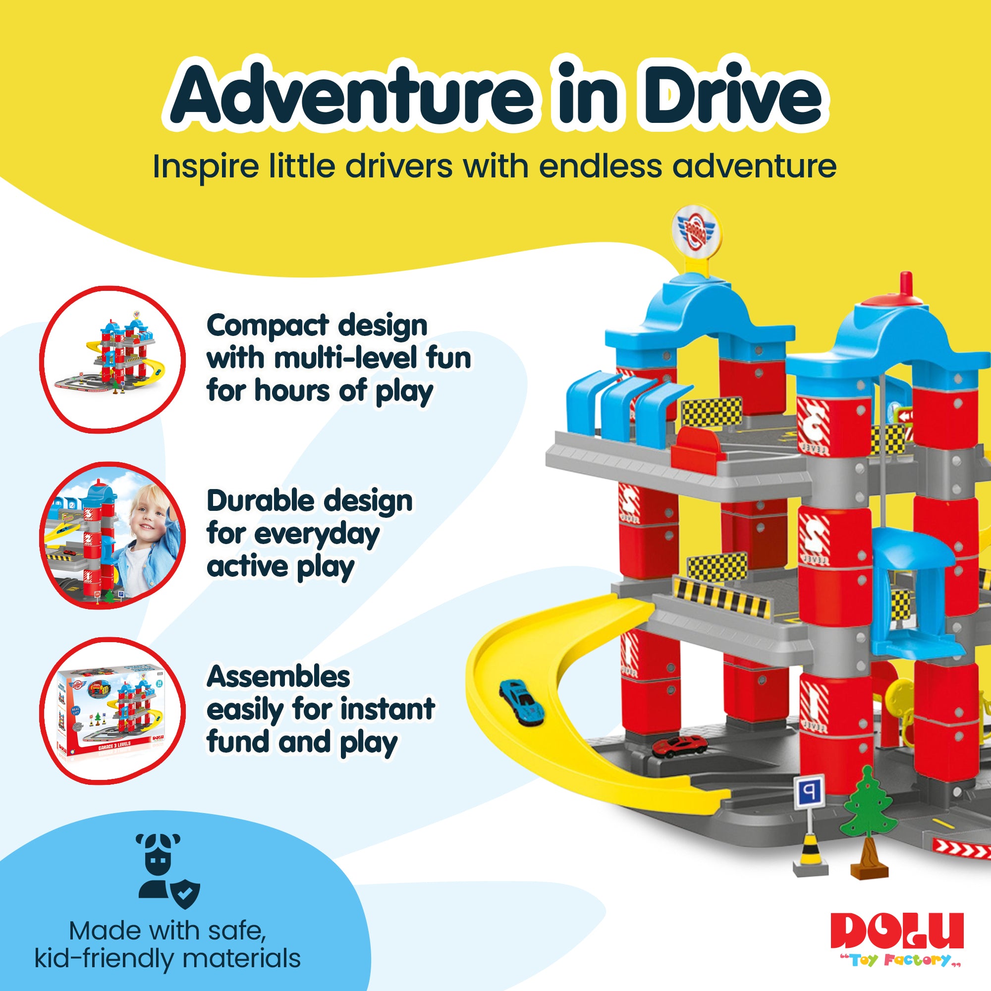 DOLU Full 3-Storey Car Park, Multi-level Toy Garage Playset for Toddlers Ages 3+ - VMInnovations