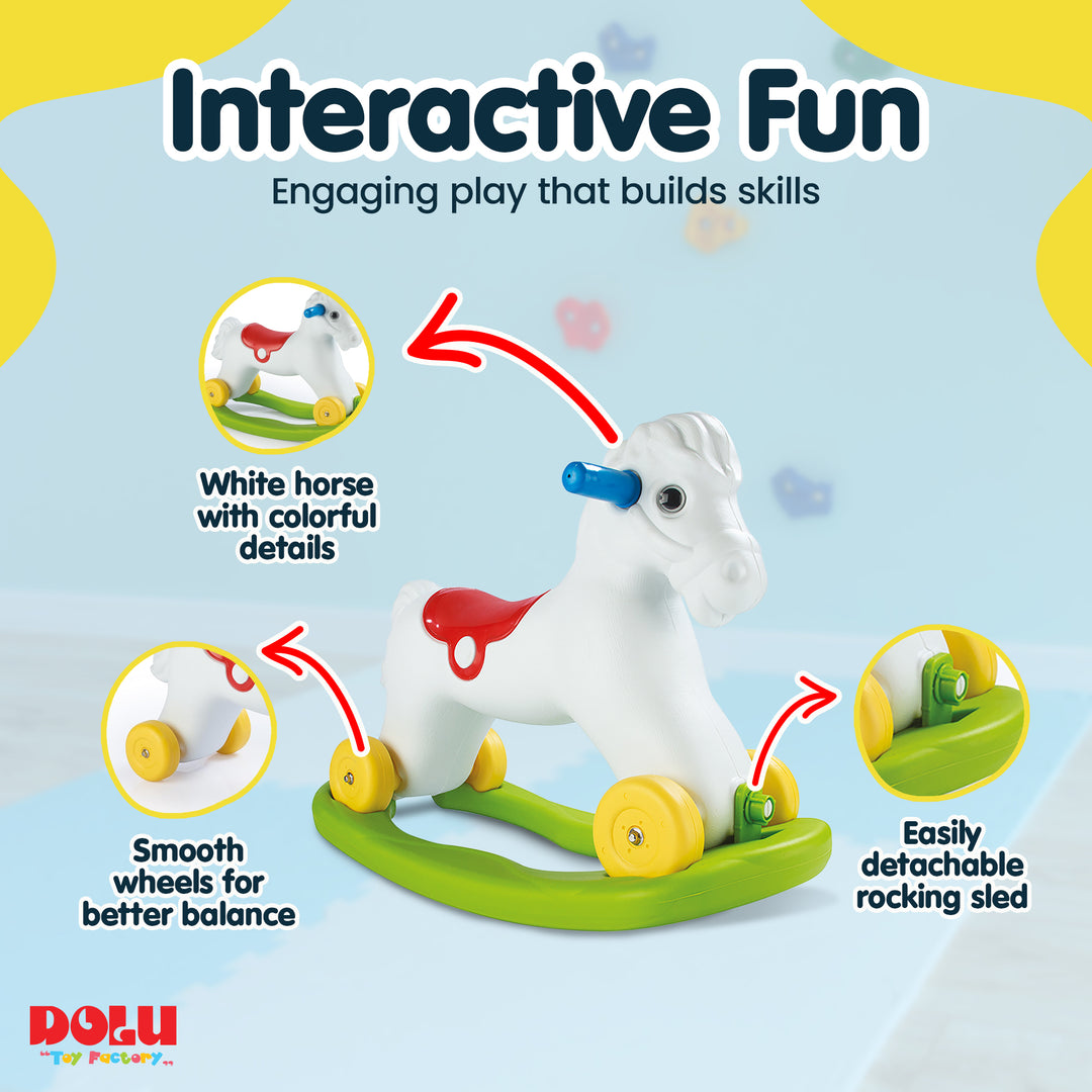 Dolu Wheeled Rocking Horse 2 in 1 Toddlers Ride On Toy and Removable Sled, White