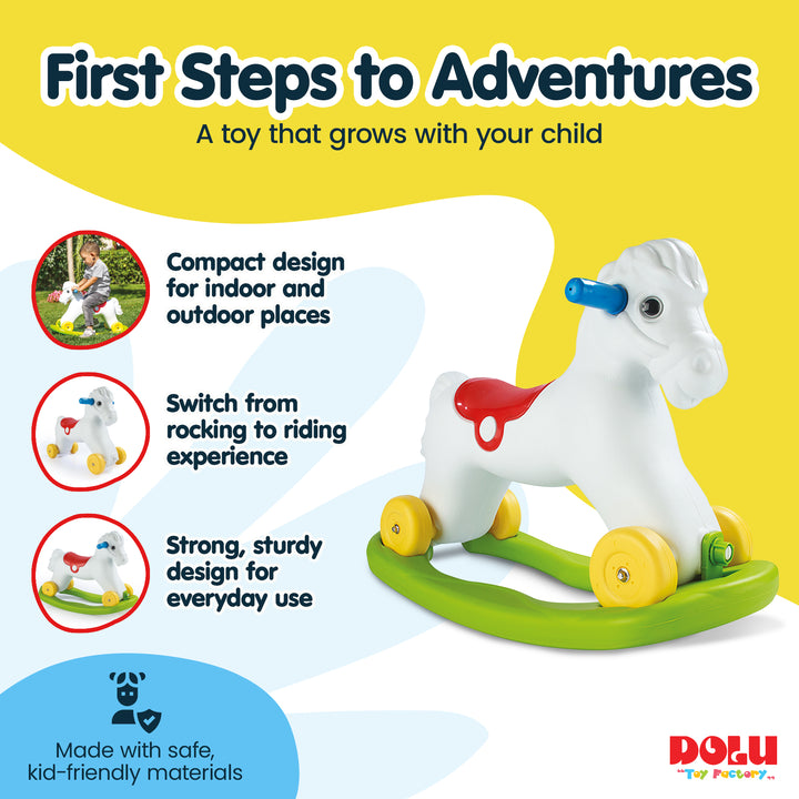 Dolu Wheeled Rocking Horse 2 in 1 Toddlers Ride On Toy and Removable Sled, White