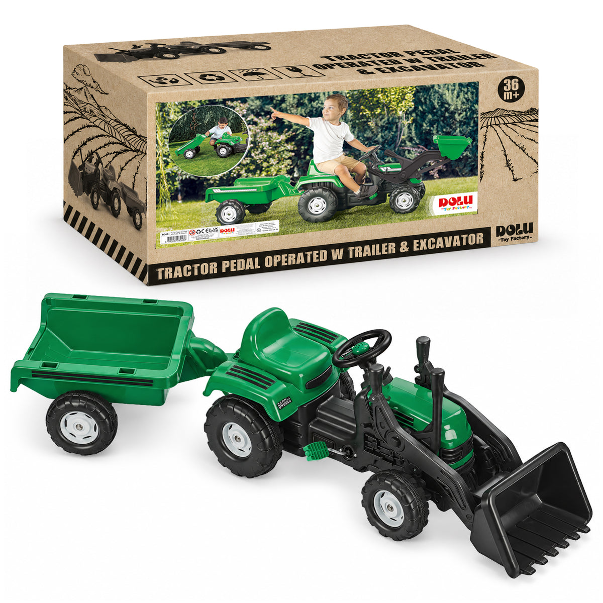 DOLU Pedal Tractor with Full Ranchero Trailer, Kids Ride On Toy w/ Front Loader
