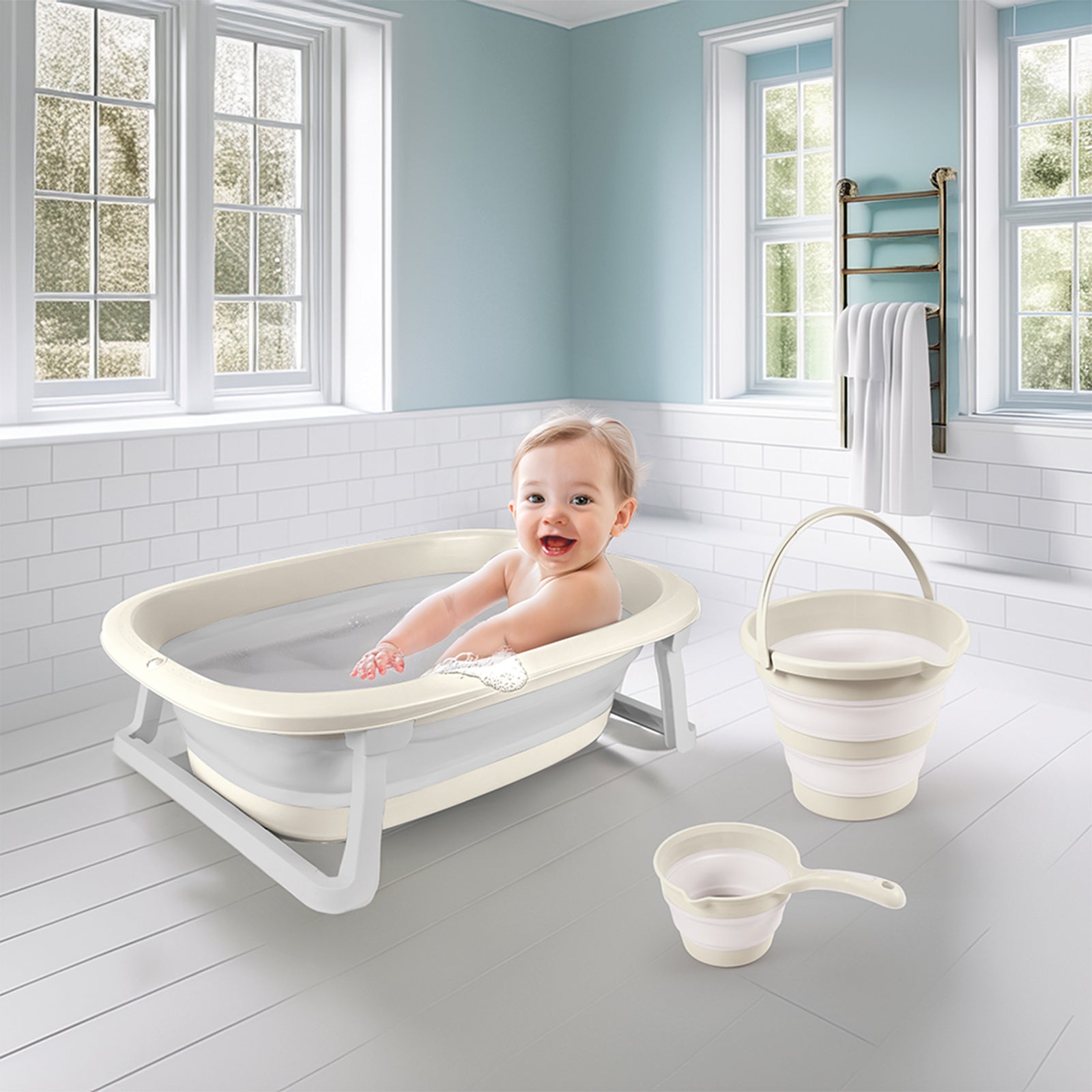 Dolu Nuve 3-Piece Foldable Baby Bath Set, Infant Tub, Bucket & Rinse Cup, Beige - VMInnovations