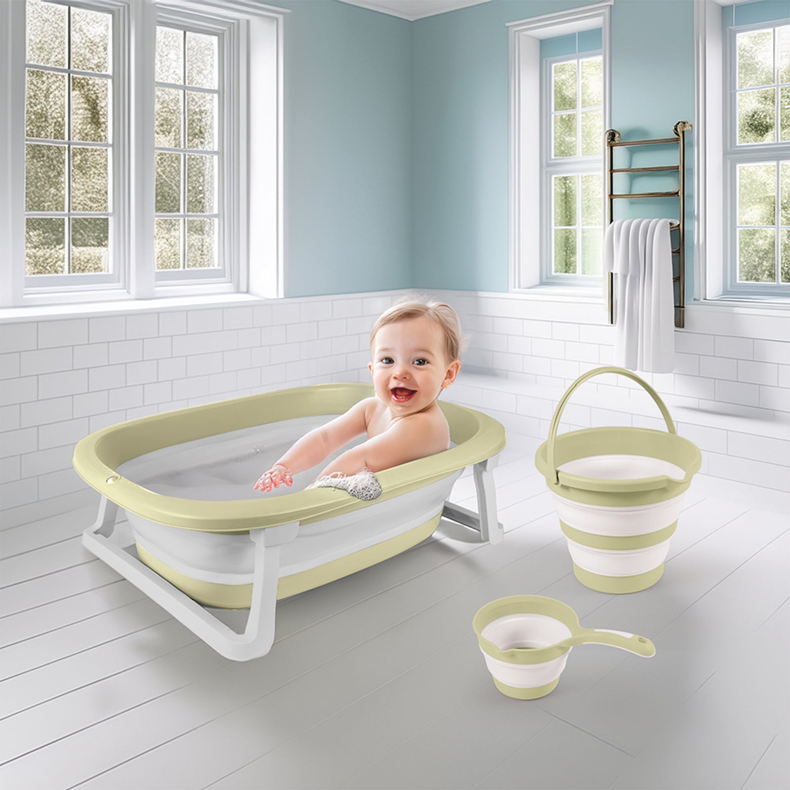 Dolu Nuve 3-Piece Foldable Baby Bath Set, Infant Tub, Bucket & Rinse Cup, Green - VMInnovations