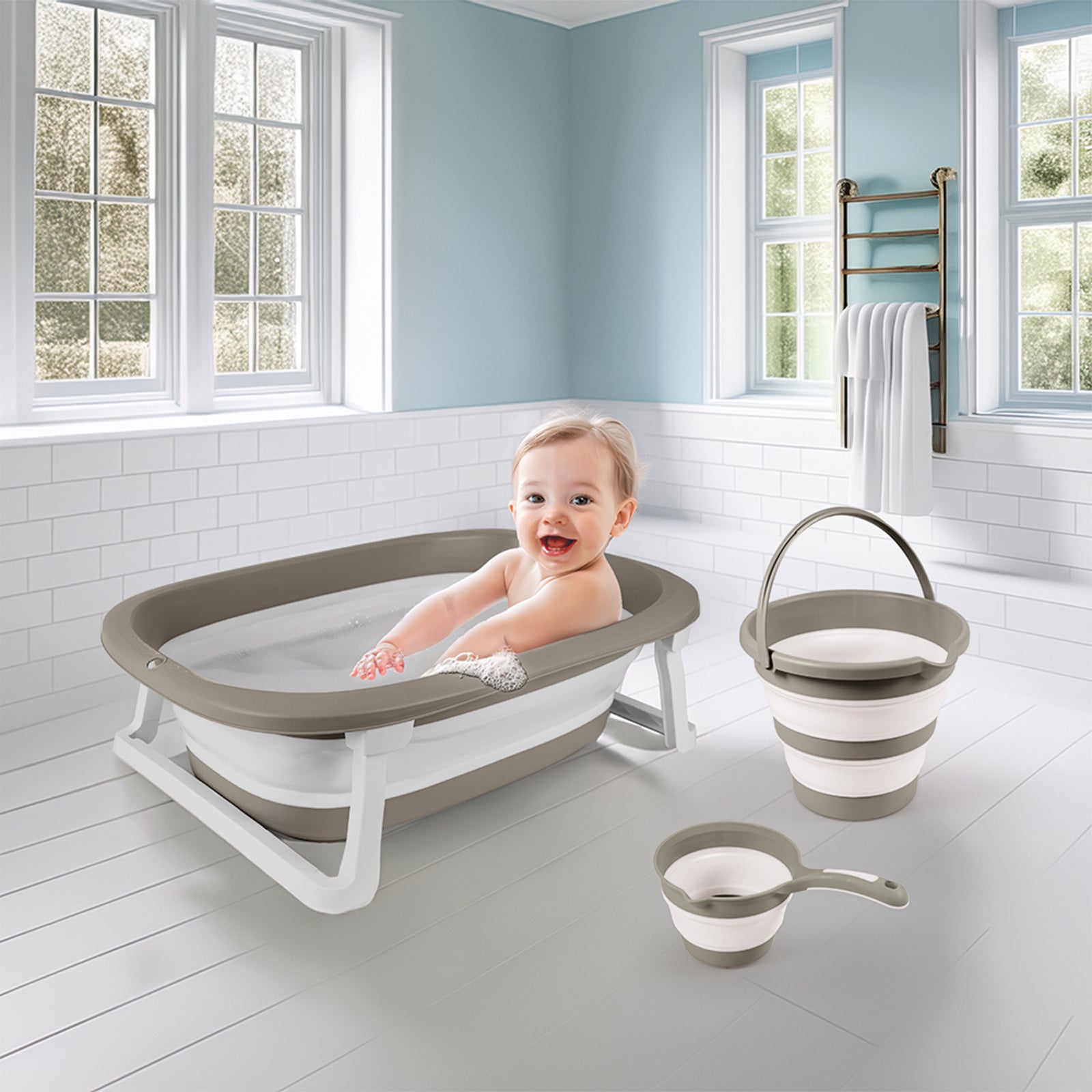 Dolu Nuve 3-Piece Foldable Baby Bath Set, Infant Tub, Bucket & Rinse Cup, Grey - VMInnovations