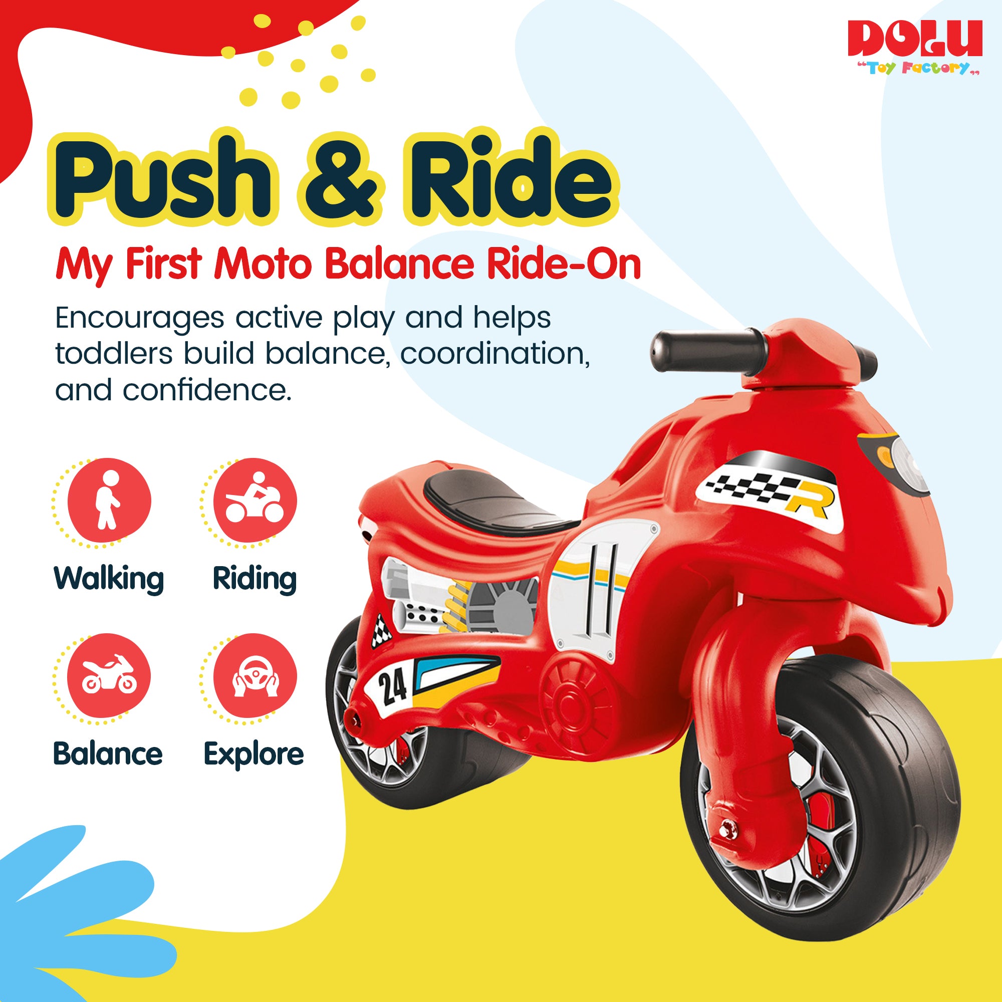 DOLU My First Moto Balance Ride-On, Foot-Powered Balancing Toddler Toy, Red - VMInnovations