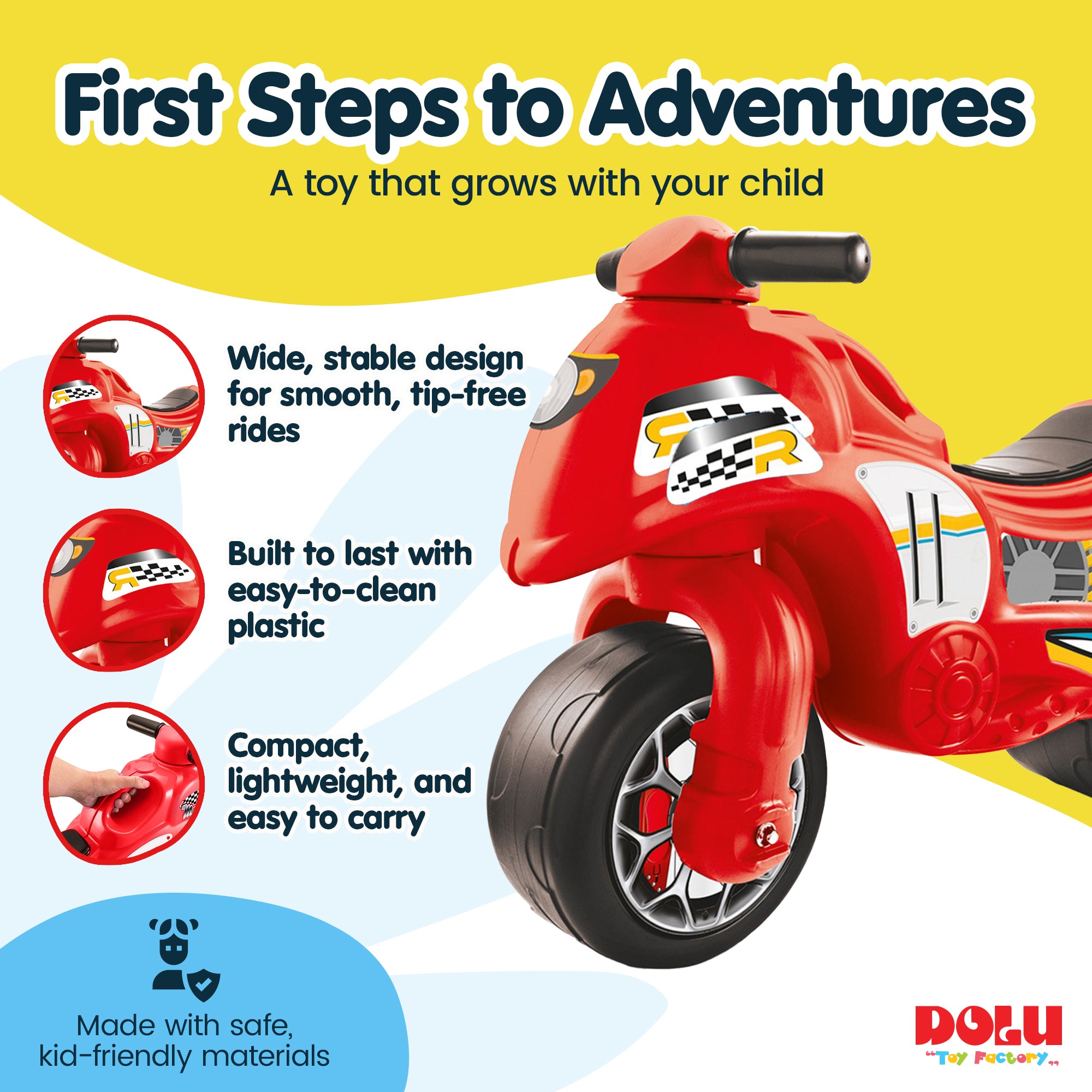 DOLU My First Moto Balance Ride-On, Foot-Powered Balancing Toddler Toy, Red - VMInnovations